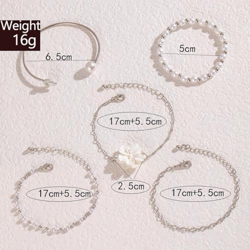 5Pcs Boho White Flower Beaded Pearl Bracelets for Women Trendy, Cute Gold Silver Stackable Floral Petal Pearls Beads Chain Bracelet Holiday Jewelry Gifts2