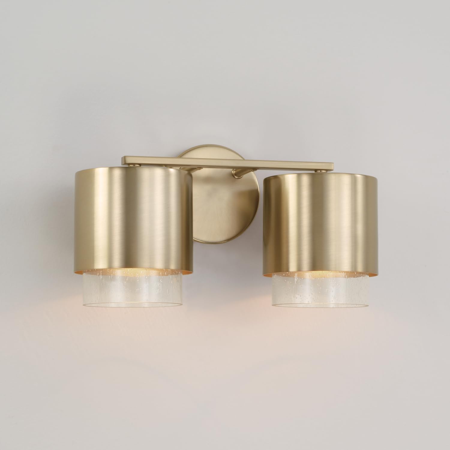 Capital Lighting 153021MA-549 Weller Modern Clear Seeded Glass/Metal Dual Shade Cylindrical Bathroom Vanity, 2-Light 200 Total Watts, 8" H x 15" W, Matte Brass