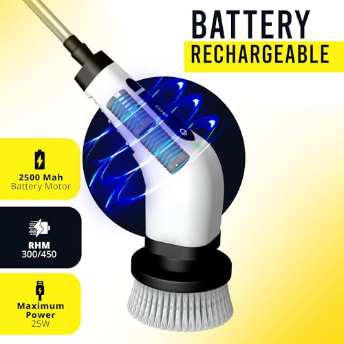 Image of Electric Spin Scrubber, Cordless with 7 Brush Heads, 2 Speeds, Extendable and Detachable Handle for Bathroom, Tile, Grout, Shower & Kitchen Cleaning - Durable ABS Build, Powerful and Lightweight.