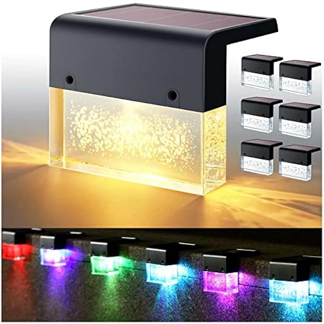 DenicMic Solar Deck Lights 3000K Warm White/Color Changing Outdoor Fence Solar Lights for Step, Railing, Wall, Pool Side LED Waterproof Patio Decor 6 Pack