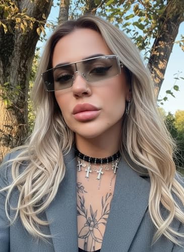 FancyPink Y2K Sunglasses for Women- Retro Rectangular Wrap Around Glasses -2000S Non-polarized Sun Glasses Metal Shades4