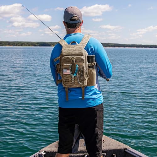 Image of Piscifun Fishing Tackle Backpack with Rod & Gear Holder, Lightweight Outdoor Water-Resistant Fishing Shoulder Storage Bag with Protective Rain Cover, Khaki Camouflage