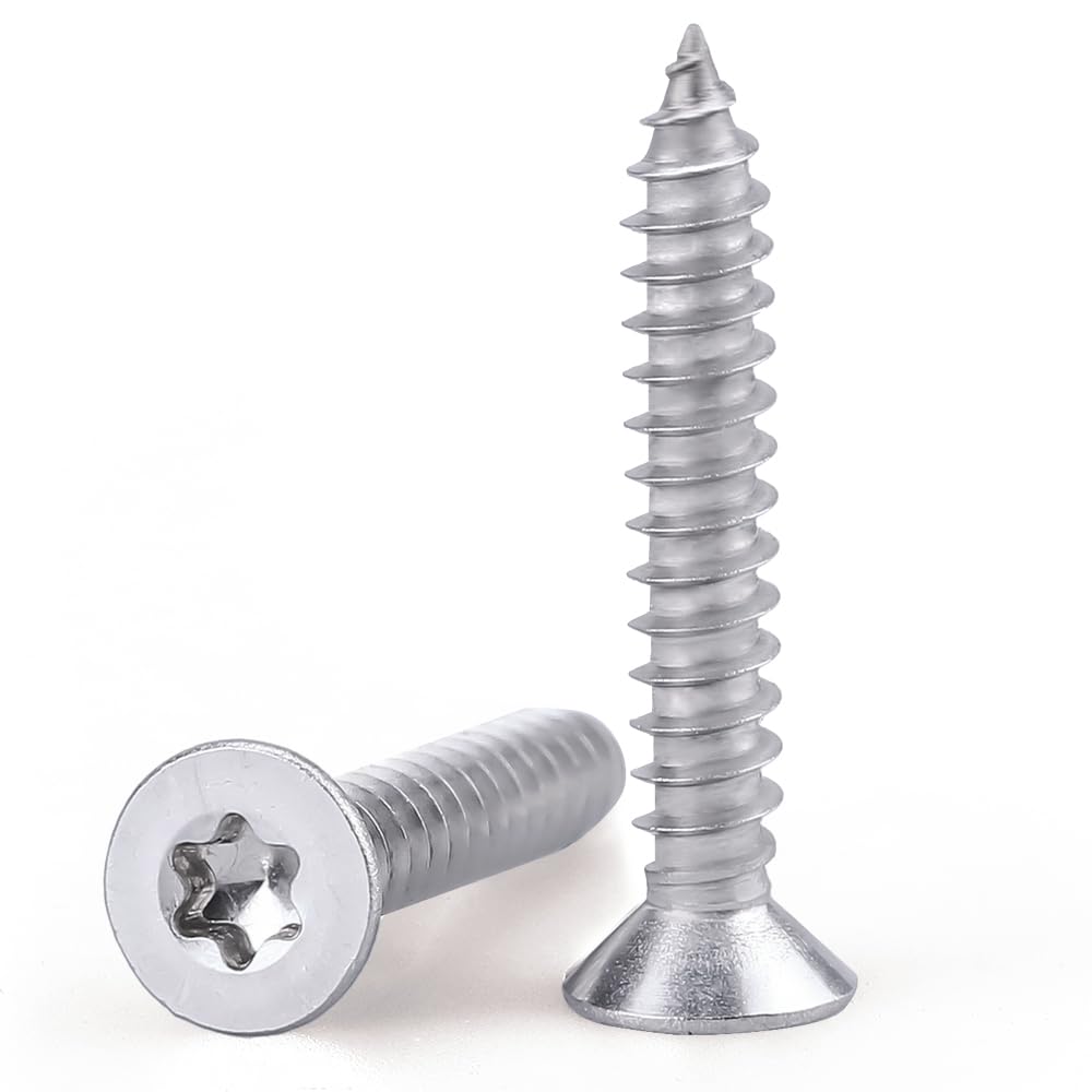 #12 x 1-1/4" Flat Head Torx Drive Self Tapping Screws for Wood and Sheet Metal, 304 Stainless Steel 18-8, Corrosion Resistant Countersunk Star Drive