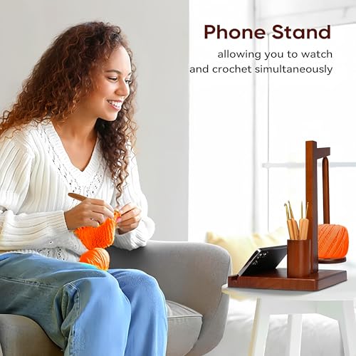 Image of CREHNIL Wooden Yarn Holder Phone Stand Spindle Knitting Dispenser for Crocheting