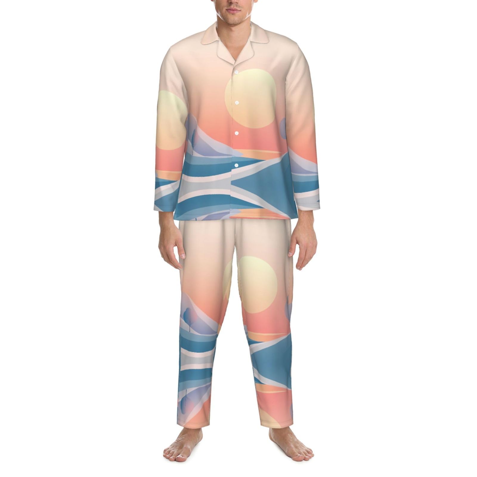 Tramonto pittura per bambini Modelli morbido pigiama a maniche lunghe set per uomo, abbigliamento casual loungewear, elastico in vita, doppie tasche laterali