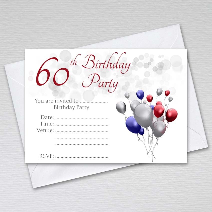 Webspectations Pack of 60th Birthday Party Invitations with Envelopes: Red, Blue, Silver Sixtieth Invites for Male & Female Birthday Parties: 60th Birthday Invites (Pack of 20 with Envelopes)