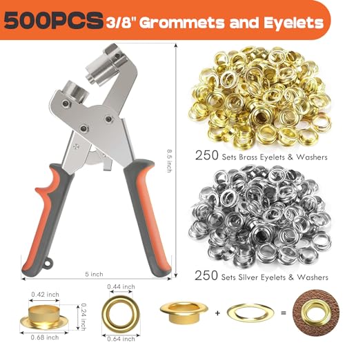 Image of Grommet Kit NEU MASTER, Grommet Tool Kit 3 /8 Inch Grommets Eyelet Plier Set with 500pcs Eyelets, Handheld Eyelet Kit Hole Punch Pliers Grommet Press Kits for Fabric Tarps Leather (10mm Grommets)