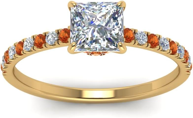 Choose Your Color Princess Shape 14k Yellow Gold Plated Hidden Halo Petite Diamond CZ Halo Engagement Ring for Women : US Size 4 to 12