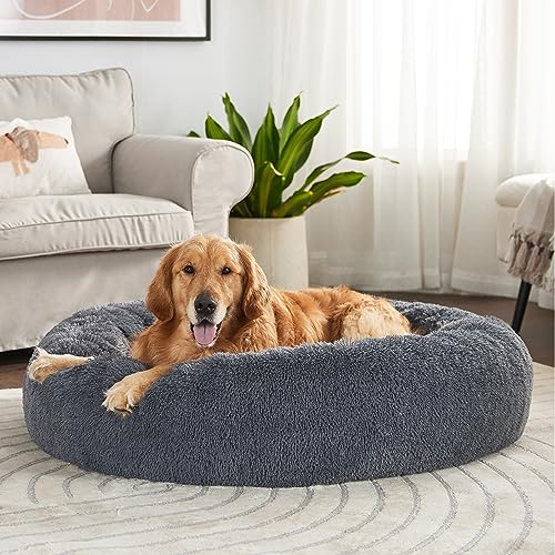 Bedsure Hundebett grosse Hunde donut - Ø 91 cm Hundekorb für große Hunde, plüsch Hundekissen rund Kuschelbett waschbar, dunkelgrau