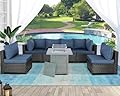 Furnimy Patio Furniture Sets Outdoor Sectional PE Rattan Outdoor Furniture Patio Conversation Set with Cushions for Balcony Lawn and Garden 6 Pieces Couch Without Table (Expresso/Navy Blue)