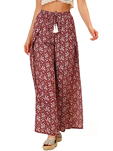 Allegra K Women's Boho High Waist Drawstring Split Flowy Wide Leg Pants