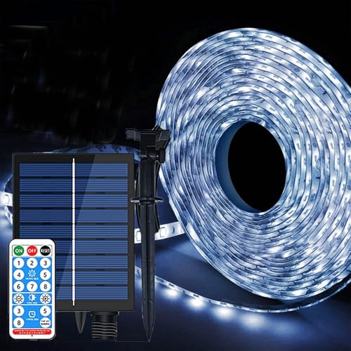 Solarna taśma świetlna LED do użytku na zewnątrz, wodoodporna, 5 m, 300 diod LED, z pilotem zdalnego sterowania, timer, osłona, lampy, możliwość przyciemniania, samoprzylepna, do sypialni, ogrodu, na