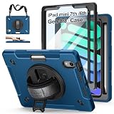 Case for iPad mini 7 (A17 Pro)/ Mini 6 8.3 INCH: TPU Cover for iPad mini 7th/6th Generation 8.3 Inch with Screen Protector- Stand + Handle + Shoulder Strap + Pencil Holder- Blue