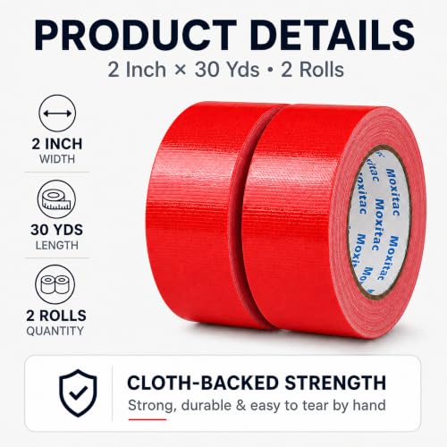 Image of Red Duct Tape, 2 Rolls, 2 in x 30 yd, Heavy Duty Cloth Tape