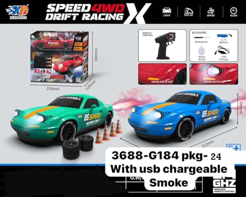 Image of 1:24 RC Drift Car 4WD, 20km /h Remote Control Car with Smoke Effect, Pop-Up Headlights, LED Lights, Drift Tires, Rechargeable Toy Car for Kids & Adults (Green)