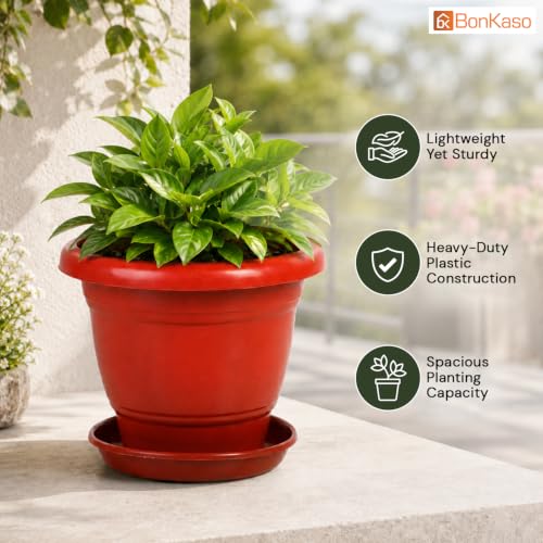 Image of Bonkaso 8 Inch Plant Pots with Drainage Plate (Set of 12, Red) | Heavy Duty Plastic Flower Pots for Indoor & Outdoor Plants | UV Resistant Garden Pots for Balcony, Terrace, Home & Nursery