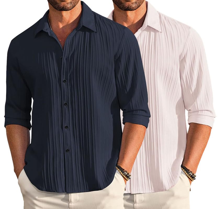 Image of DEELMO Combo of Men's Casual Button Down Shirts Long Sleeve Linen Shirt Fashion Textured Summer Shirts Pack of 2