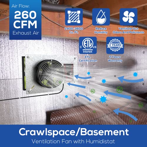 Abestorm 260Cfm Crawlspace Ventilation Fan, Ip-55 Rated 6.7 Inch Crawl Space Vent Fan With Humidistat & Thermostat, Ventilator With Isolation Mesh For Crawlspace, Basement, Garage, Attic, Exhaust #TOP1