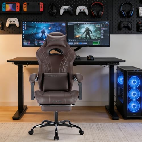 Image of Gaming Chair with Footrest and Massage Lumbar Support, Ergonomic Computer Gamer Chair, Office Video Game Chairs with Adjustable Height and Backrest (Coffee)