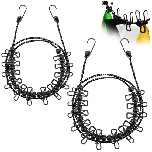 COM-FOUR® Corde à linge de voyage 2X - 180-350 cm par ligne - corde à linge de camping avec bande élastique réfléchissante - corde à linge avec 12 clips métalliques chacune (noir/noir)