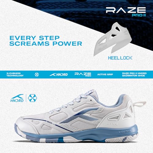 Image of Hundred Raze Pro II Badminton Shoes (Non Marking) Indoor Sports | Lightweight & Durable | X-Cushion | Active Grip Sole | Extended Heel Lock (White /Blue ; UK 3)