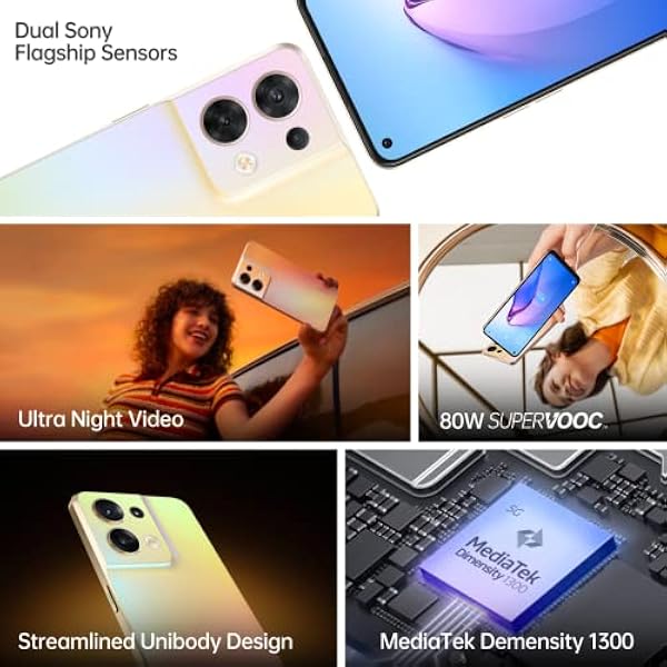 OPPO Teléfono inteligente Reno8, MediaTek Dimensity 1300 5G, pantalla AMOLED de 6.4 pulgadas de 90 Hz, cámara trasera de 50 MP 8 MP 2 MP, cámara, Negro brillante