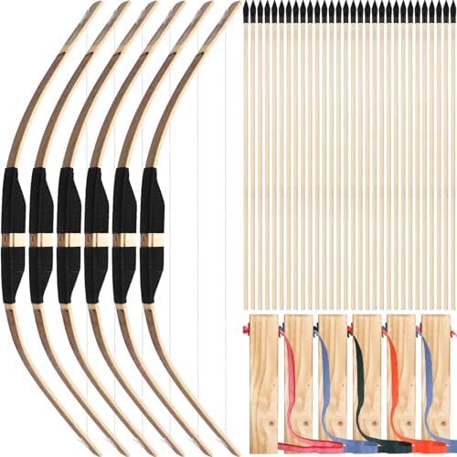 Simgoing 6 Set Kids Bow and Arrow Set, Wooden Bow and Arrow Prop Inlcude 6 Archery Bow, 30 Wooden Arrows and 6 Wood Arrow Quivers, Gifts for Teens Youth Boys Girls Children Outdoor Indoor Play