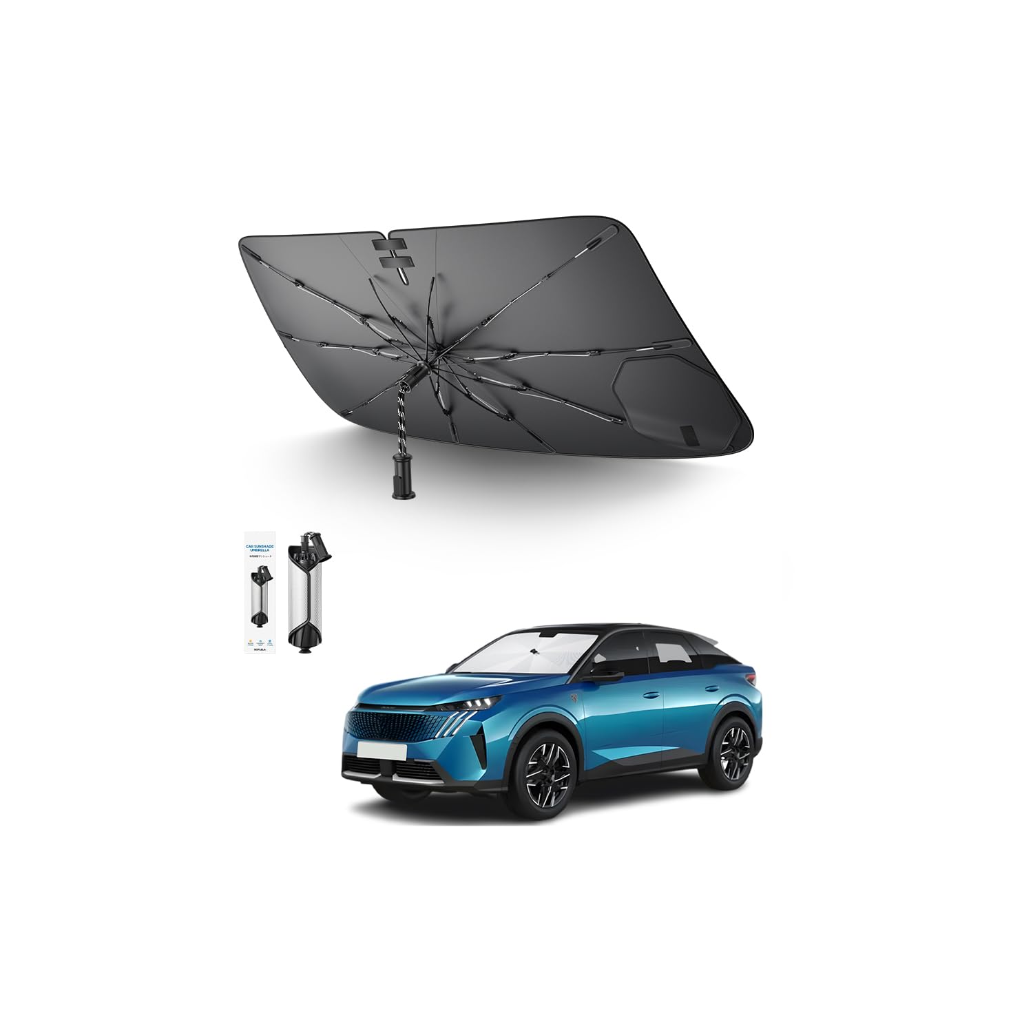 SKTU Parasol para Parabrisas Delantero para Peugeot 3008 2016-2023 2024, diseño de cordón, Parasol Plegable, protección UV para Peugeot 3008 Accesorios Esqueleto de Fibra de Carbono