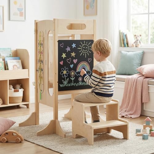 Image of Costzon Toddler Step Stool, 4-in-1 Foldable Standing Tower with Built-in Chalkboard & Detachable Safety Net, Montessori Games, Anti-tip Feet, Wooden Kitchen Kids Helper for Boys & Girls Aged 3+