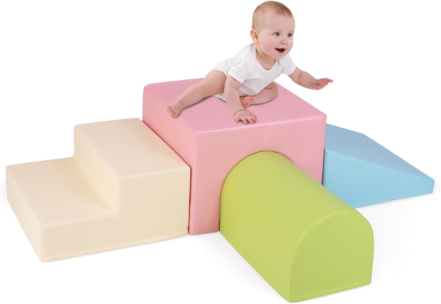 Costzon Climbing Toys for Toddlers, 4 PCS Single-Tunnel Foam Climber for Climbing, Crawling and Sliding, Lightweight Soft Play Blocks for Preschool Baby Boys Girls (Pink Green Blue)