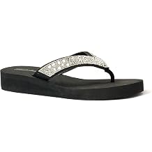 REDVOLUTION New Womens Rhinestone Sandals High | Low Platform T-Strap Jewel Sandals High Wedge Flip Flops