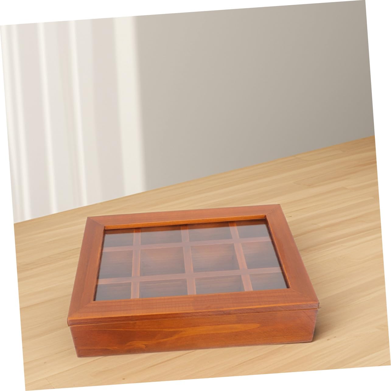 Cabilock Boîte à Sachets De Thé Compartimentée 12 Cases 30,9 x 26,5 x 6 Cm Bois Naturel Avec Couvercle Transparent Hermétique Porte-sachets De Thé Maison Bureau Voyage
