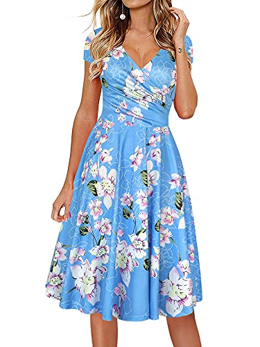 Image of oxiuly Women's Cap Sleeve Summer Casual Dresses V-Neck Floral Vacation Party Dress OX233