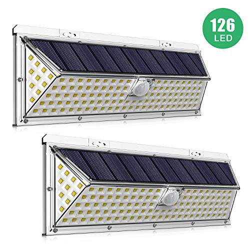 Preisvergleich Produktbild [126 LED] Solarleuchte für Außen, IDESION Solarlicht LED Solarlampe 2200mAh Solarbeleuchtung, IP65 Wasserdicht 120° Bewegungsmelder mit Abstand 5-12M 3 Modi Wandleuchte für Garten.