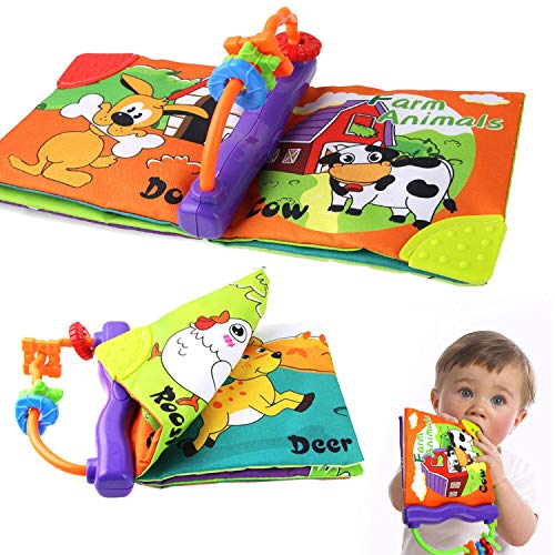Coolplay Soft Cloth Book for Infant, Farm Animals Baby First Books Touch and Feel Toddler Activity Teether Rings Toy for Baby - Squeak, Rattle, Crinkle