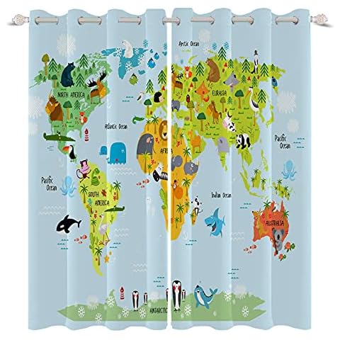 YONGFOTO 117x183cm Cartoon Map Blackout Curtains Global Ocean Cute Animal World Landmarks Baby Blue Maps for Living Room Children's Bedroom Window Drapes, 2 Panel Home Set With Holes Cover