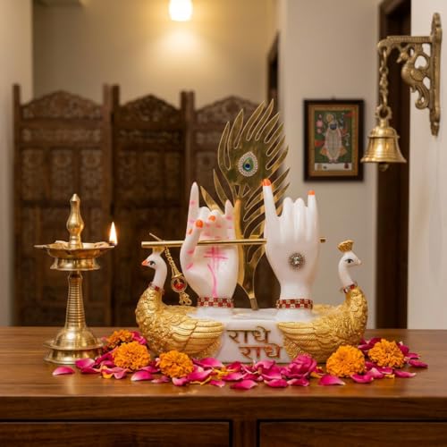 Image of HindCraft Krishna Flute Idol Showpiece for Home Decor - Radha Krishna Hands Statue with Swan Base, Spiritual Decorative Murti for Living Room, Temple, Office, Gift Item