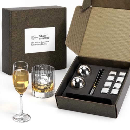 Farafox Whiskey Stones Set - 10-Piece Reusable Stainless Steel Ice Cubes & Metal Ice Balls for Bourbon Whiskey Cocktails, Ideal for Men Dad Husband Christmas Birthday
