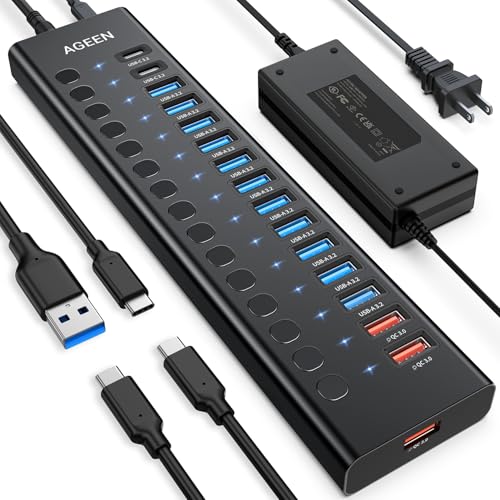 Image of AGEEN 16-Port Powered USB 3.2 Hub-10Gbps SuperSpeed Data Splitter with 2 USB-C & 11 USB-A Ports, 3 x 24W QC 3.0 Fast Charging Ports, Individual On /Off Switches, 96W Power Adapter for Laptop, PC