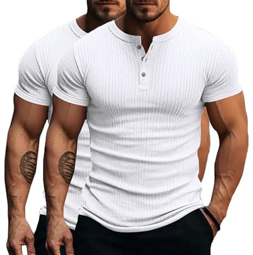 Mens Henley Shirt Muscle Polo Shirts for Men Short Sleeve Ribbed Golf Tees Slim Fit Stretch T Shirt, 2 Pack-white, 3X-Large