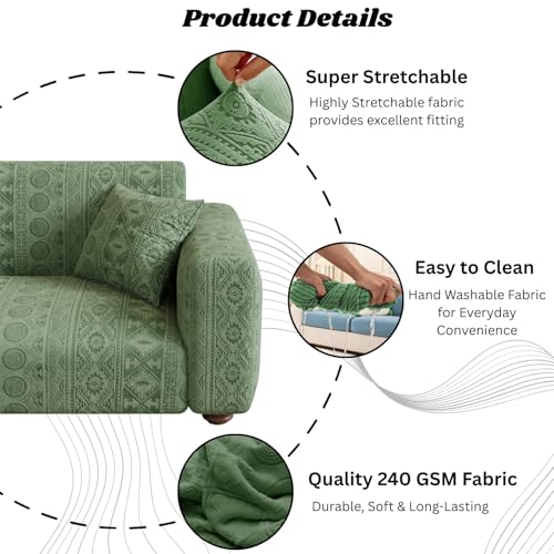 Image of Lukzer 1 Seater Pastel Green Tribal Pattern Sofa Cover | 240 GSM Universal Stretch Fit Jacquard Fabric Couch Protector | Fully Covered Anti Slip & Washable Sofa Cover (90-140cm /SC-071-01)