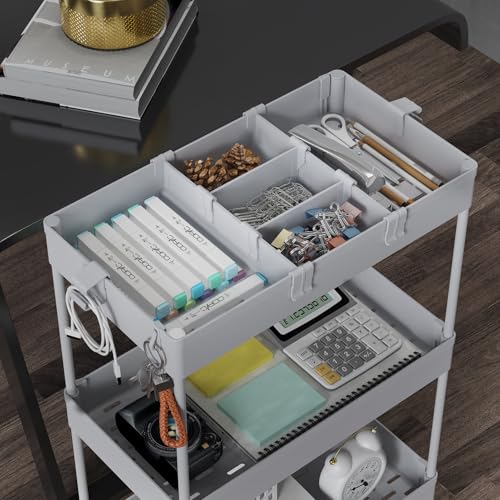 Image of SPACELEAD 4 Tier Rolling Cart with Wheels, Storage Craft Art Trolley Organizer Serving, 3 Hanging Baskets Easy Assembly, for Office, Living Room, Kitchen