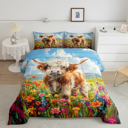 Manfei Rustic Cow Comforter Set,Western Farmhouse Highland Cattle Bedding Set for Kids Teens Bedroom,Watercolor Blooming Flowers Spring Floral Quilt Set 2 Pcs with 1 Pillowcase,Toddler