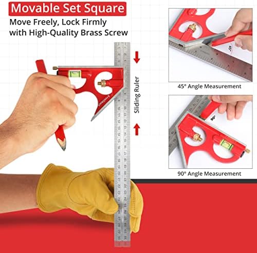 AvenSmart Combination Square 300mm/12 Inches, Set Square with Stainless Steel Ruler, Scriber, Bubble Level and two Carpenter Pencils for DIY / Carpenters / Engineers-Red