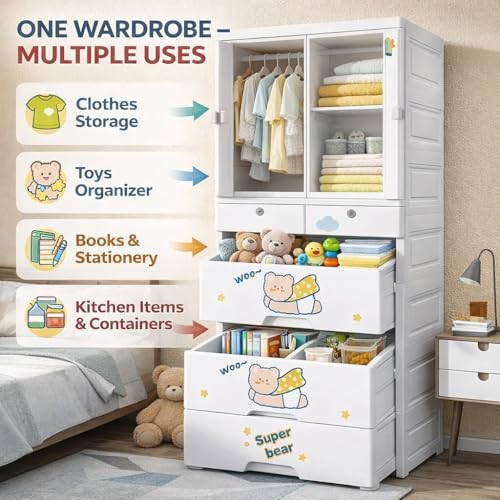 Image of AYSIS Kids Plastic Collapsible Wardrobe Organizer for Storage with Drawers | Cute Cartoon Design | Heavy Duty Cloth Organizer for Storage | Easy to Assemble | Perfect for Kids Room & Home | Whiteber