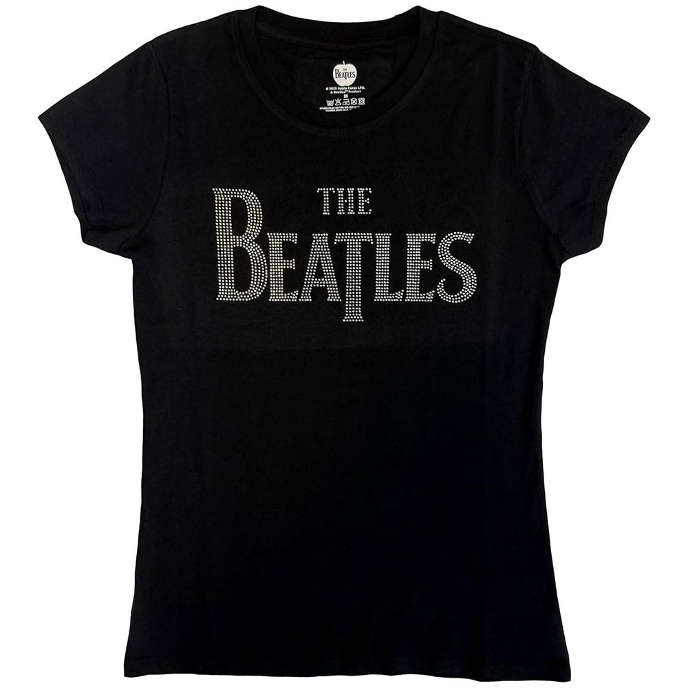The Beatles Women's Drop T Logo & Rhinestones Slim Fit Short Sleeve T-Shirt, Black, Size 14 (Manufacturer Size:X-Large)