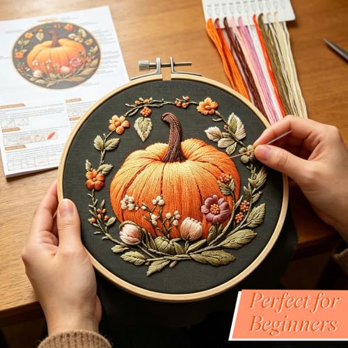 Image of YOUDRN Pumpkin Embroidery Kit for Beginners, Embroidery Kits for Adults | DIY Hand Fall Embroidery Cross Stitch Starter Set with Pattern, Threads, Needles, Instruction, 20cm Hoop