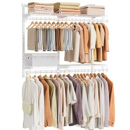 SONGMICS HOME Closet System, Closet Insert Organizer, 4-6 ft, Adjustable Metal Shelving Unit with 4 Hanging Rods, 4 Shelves, and Hooks, for Pantry Mudroom Garage Basement, Cloud White URGR031W01