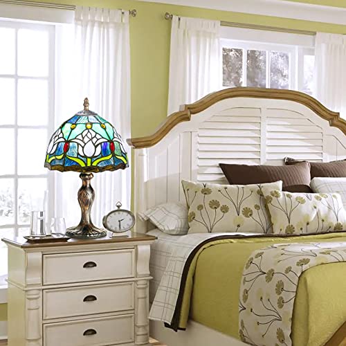 Image of Stained Table Lamp Stained Glass Table Light, Handmade Desk Bedside Table Night Lamp, Antique Art Craft Gifts Lover Kid Living Room Bedroom Study Bookcase Desk Ligh(Blue Tulip)