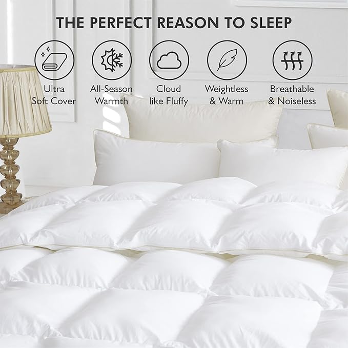 Luxurious White Solid Medium Weight, Oversized Queen Size Goose Feathers Down Comforter for All-Season Weather Duvet Insert, Premium Baffle Box, 100% Egyptian Cotton Cover, 65 oz. Fill Weight